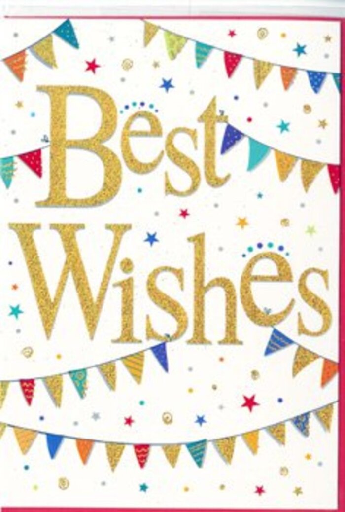 A beautifully designed "Best Wishes" card is pictured, radiating the same upbeat, inclusive spirit you might sense around Finsbury Park station on a match day, when everyone seems to share in the atmosphere. In the centre of the card, the phrase "Best Wishes" is written in sweeping cursive script, rendered in rich golden ink with a glossy, metallic finish. The strokes of the letters are thick and confident, slightly embossed so they catch and reflect light, creating a subtle shimmer even on a still surface. Surrounding the message, strands of colourful bunting arc gracefully from edge to edge, forming gentle semi-circles above and below the text. Each little pennant is distinctly coloured-vivid reds, deep blues, fresh greens, sunny yellows, and jewel-like purples-and many feature tiny decorative patterns: fine stripes, playful dots, and tessellated shapes that add texture and charm. Dotted throughout the white background are petite stars and circular confetti specks, printed in matching tones with occasional touches of sparkle, giving the sense that the card is frozen in the moment just after someone tossed a handful of confetti into the air. The crisp white space keeps the design feeling airy and refined, balancing the liveliness of the colours. The card conveys warmth, optimism, and a sense of shared celebration, ideal for sending congratulations, good luck, or kind encouragement. It is easy to picture this card resting beside a hand-tied bouquet waiting for delivery to a flat off Seven Sisters Road or a townhouse near Finsbury Park itself, carrying with it a heartfelt message of support from someone who cares.