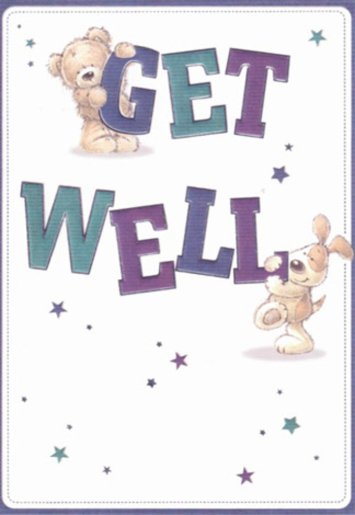 The get well card in this illustration feels like a moment of gentle encouragement, frozen mid-smile. Dominating the centre are two friendly characters-a plump teddy bear and an eager puppy-interacting playfully with the bold "Get Well" message. The bear is rendered in soft golden-brown shades, its rounded limbs and slightly oversized head giving it an irresistibly huggable appearance, like a favourite toy kept on a bedroom shelf in a flat off Blackstock Road. It hugs the top of the word "GET," as though using the letters for balance. The puppy, coloured in warm cream and light tan, leans into the oversized word "WELL," paws stretched forward as if ready to spring, ears flopping gently and eyes full of affectionate mischief. The typography itself is striking: thick, rounded letters in layered tones of rich purple, deep teal, and bright aqua that create a sense of depth, almost like cushioned blocks. These colours stand out clearly against a clean, creamy white background that brings a sense of order, purity, and calm-so welcome when someone is recovering at home near Finsbury Park or resting after a hospital stay. Around the central scene, tiny stars and starbursts in coordinating blues and violets scatter lightly, suggesting good wishes drifting outward like petals on the breeze across the park. There's no clutter, just a carefully composed balance of character, text, and decorative sparkle, reminiscent of how a florist at Flowers Finsbury Park spaces blooms and foliage to let each element breathe. The atmosphere is upbeat yet soothing-a card that feels like a warm hug and a whispered, hopeful "you'll feel better soon," perfect alongside a fresh, fragrant bouquet delivered locally.