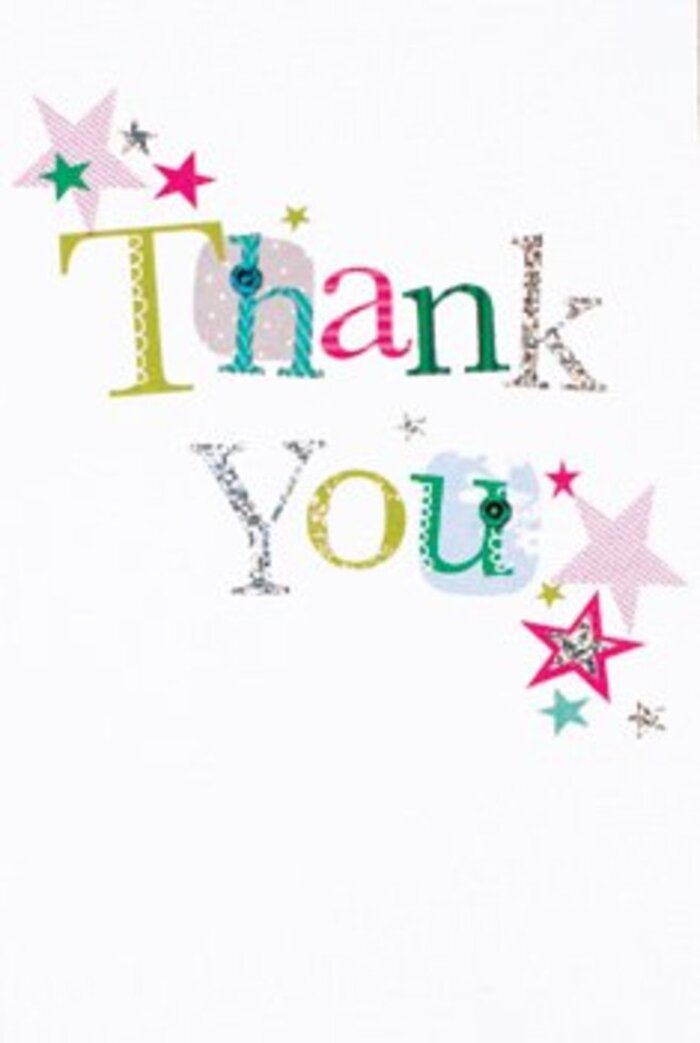 With its quietly exuberant charm, this thank you card perfectly captures the warmth of connections made in Finsbury Park, whether after a friendly meet-up on Blackstock Road or a thoughtful hand extended by a neighbour. Each letter of 'Thank You' is a celebration by itself: some whimsical with spots and curling lines, others elegant and arching, their personalities accentuated by lime, vivid fuchsia, serene blue, and gleaming silver highlights. The letters appear almost musical, playing off each other like laughter on a sunlit park bench. Around the message, decorative stars cluster in groups-some striped with bright pinks, others bathed in turquoise or glinted with silver-evoking the playful unity found at a local community fair. The immaculate white background provides the perfect contrast for this mix of joyful energy and serene gratitude, as if framing the card in a gentle glow. The tactile appeal is undeniable-a card you want to hold and admire, its textured details reminiscent of bespoke stationery from a neighbourhood artisan. This design, both airy and modern, holds a universal warmth; it's neither too formal nor too informal, making it suited for any thoughtful gesture-be it a spontaneous thank you for a local act of kindness or an accompaniment to fresh flowers delivered by Flowers Finsbury Park across the area. It's gratitude expressed with the ease and sincerity that defines the spirit of this north London community.