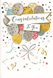 In this image, a tall congratulations card stands proudly, its design echoing the gentle excitement of a celebration after work in one of Finsbury Park's cosy pubs. The artwork centres on a lush arrangement of illustrated balloons, stacked and layered so they seem to rise from the bottom edge and hover in the middle of the card. Each balloon is painted in soft metallic tones-gold, silver, champagne, sky blue, blush pink, and subtle grey-and embellished with dainty stars, glittery dots, and refined stripes that give them a lightly textured, almost touchable quality. The cluster is gathered by slender, curling ribbons drawn in shimmering gold and silver lines, drifting downwards like decorative streamer tails tied to a gift box. A gentle banner sweeps through the centre, carrying the phrase "Congratulations To You" in elegant, flowing script that feels personal, as if written carefully for someone special. Around the balloons, tiny metallic stars, curling flourishes, and specks of confetti float across a pale, uncluttered background, suggesting movement, like confetti drifting on the breeze along nearby Blackstock Road. The palette is refined rather than brash, giving the design an air of understated glamour suitable for many occasions-graduations, promotions, exam results, or any proud moment. Imagining this card next to a hand-tied bouquet from a Finsbury Park florist, you can almost feel the contrast between the cool, shimmering card and the soft petals, both working together to convey admiration, joy, and heartfelt congratulations to someone who truly deserves to feel celebrated.