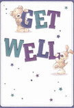 A whimsical illustrated get well card shows two charming characters-a soft, honey-brown teddy bear and a floppy-eared puppy-working together to share a cheerful "Get Well" message. The bear clings playfully to the top of the word "GET," its rounded paws and stitched muzzle rendered with gentle shading that makes the fur look plush and huggable. Below, the puppy braces its paws against the large word "WELL," its velvety ears drooping endearingly as if leaning in for a cuddle. The words themselves are bold and friendly, painted in deep indigo, teal, and aqua tones that stand out vividly against a clean cream-white background, like a bright shopfront sign along Seven Sisters Road on a clear morning. Scattered around the characters, tiny starbursts and twinkling stars in shades of purple, blue, and soft turquoise seem to float across the card, echoing the hopeful feeling of sending a bouquet to a friend recovering at home near Finsbury Park. The overall design feels airy and uncluttered, with lots of breathing space around the central illustration, much like the open green of the park itself. Though there are no flowers drawn, the sense of comfort and care is as tangible as a fresh hand-tied posy from a local florist: you can almost imagine the soft textures under your fingertips and the reassuring weight of the card in your hand. It's an image that gently lifts the spirits, ideal to accompany same-day get well flowers delivered to a hospital ward or a cosy flat overlooking the tree-lined streets of this North London neighbourhood, carrying with it warmth, kindness, and a quiet promise of better days ahead.
