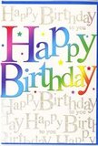 In this close, front-facing image, a joyful birthday card fills the frame with colour and light, reminiscent of the spirited atmosphere around Finsbury Park on a bright afternoon. The central focus is the phrase "Happy Birthday," written in large, rounded letters that seem almost to float above the surface. Each letter carries its own gradient of colour-deep cherry reds shifting into bright oranges, mellow yellows softening into spring greens, then moving through teal, cobalt, and rich purple-like a rainbow unfurling across the card. The smooth transitions between hues give the text a lively, animated feel, as though it's glowing from within. Behind this vibrant greeting, the entire background is softly overlaid with a repeating golden script. In fine, looping handwriting, the words "Happy Birthday to you" drift from edge to edge, their metallic ink catching subtle highlights, much like the glow of streetlights reflected in puddles after a light rain on Seven Sisters Road. The gold script is delicate, never competing with the bold main lettering, but instead creating a gentle, celebratory whisper beneath it. Tiny flecks of colour and star-like accents are dotted around the design, adding to the sense of confetti and movement. The card's surface appears sleek and slightly reflective, suggesting a premium, smooth finish that would feel luxurious between your fingers. Overall, the mood is one of pure, uplifting celebration-a card that would sit beautifully beside a locally delivered bouquet, ready to mark a special birthday for someone in or around the Finsbury Park community.