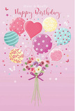 A pastel birthday daydream seems to hover above the rooftops around Finsbury Park in this softly whimsical illustration, where balloons and blossoms share the spotlight. The palette is tender and romantic: a blush pink backdrop supports a gathering of balloons in sea green, lavender, rose, and pale gold, each orb decorated with lively patterns-twisting ribbons, candy-like stripes, scattered polka dots, and even a heart-shaped balloon that radiates affection. They cluster together as if caught in a gentle breeze drifting up from the park lawns, their glossy surfaces reflecting imagined sunlight. Suspended at their base, a graceful bouquet of flowers forms the grounding centrepiece. Creamy roses and anemone-like blooms in ivory, blush, and muted mauve nestle closely, their petals feathery and soft, layered in subtle gradients that recall the careful shading a florist notices when selecting each stem at an early-morning market. The bouquet is neatly tied with a violet satin bow, its rich purple tone adding depth and a touch of elegance, like a ribbon carefully knotted by a local florist preparing a birthday surprise for delivery along Blackstock Road or nearby terraces. Tiny illustrated stars and delicate butterfly shapes appear to flutter around the arrangement, hinting at a fairy-tale charm. The scene feels airy, sweet, and quietly joyful, as if capturing the moment when a thoughtful birthday card and bouquet arrive together at a doorstep in the Finsbury Park neighbourhood, turning an ordinary day into something bright and unforgettable.
