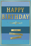 A stylish blue and gold birthday card stands as if on a sideboard in a Finsbury Park home, radiating a calm, thoughtful kind of cheer. The entire background is built from wide, horizontal stripes of blue, each one slightly different in tone, so the colours drift from deep midnight and navy through rich teal into softer, misty sky shades. This gentle gradient feels reminiscent of watching the sky change over Finsbury Park at dusk, peaceful and steady. Centred across the stripes, the words "HAPPY BIRTHDAY" are embossed in bold gold capitals, each letter raised and softly reflective, catching glints of light like the subtle shimmer of polished brass in a favourite neighbourhood café. Just beneath the main greeting, a delicate golden flourish stretches across the card in an elegant scroll, separating the headline message from the sentiment below. Three narrow gold banners sit stacked one under another, perfectly aligned, each ribbon containing part of the friendly phrase: "Relax, have a great day and enjoy!" The gold detailing is clearly defined yet not overpowering, offering a warm balance to the cool, layered blues. A slender gold frame encloses the design, lending a sense of completion, as though the card were a small work of art. The overall impression is of a birthday greeting that values serenity as much as celebration, ideal for someone who would appreciate a card delivered with a bouquet of fresh flowers to their Finsbury Park, Crouch Hill, or Manor House address, bringing them a moment of unhurried happiness on their special day.